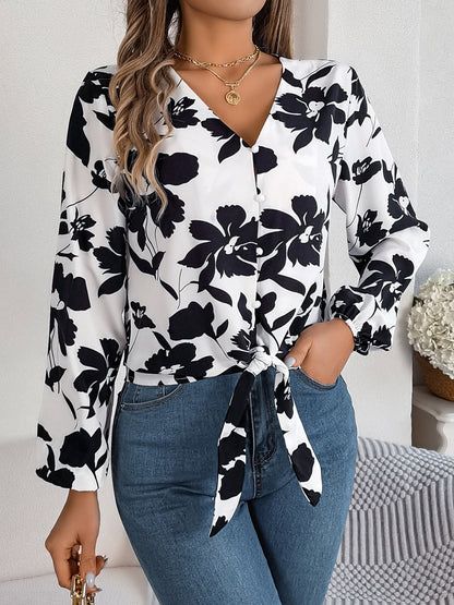 Blusa Floral Elegante Cuello Pico Manga Larga - Vestiria