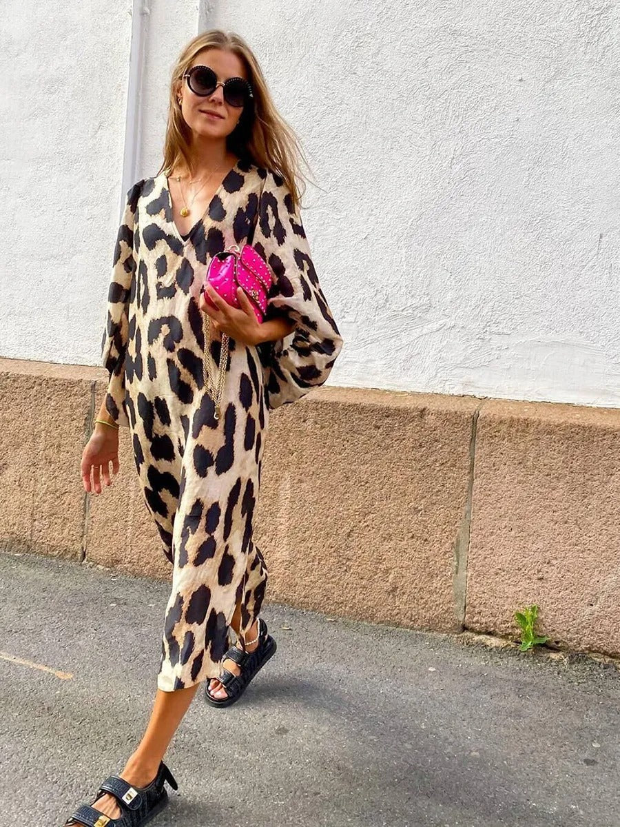 Vestido Mujer Estampado Leopardo Manga Volante - Vestiria