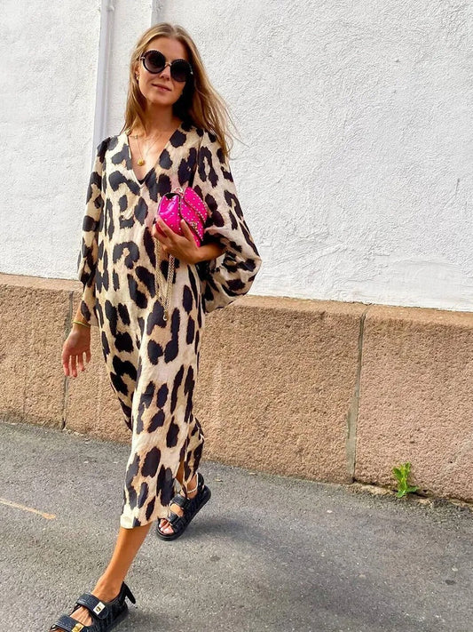Vestido Mujer Estampado Leopardo Manga Volante - Vestiria
