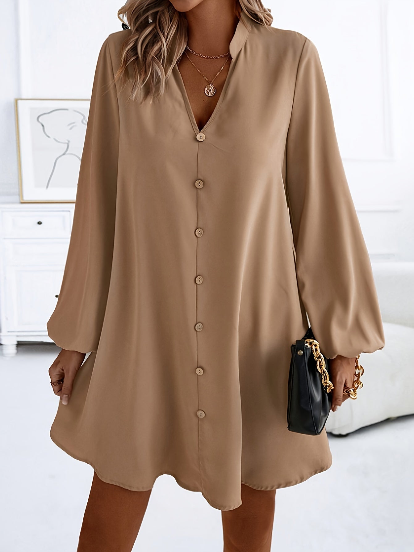 Vestido Casual Manga Larga Cuello V - Vestiria