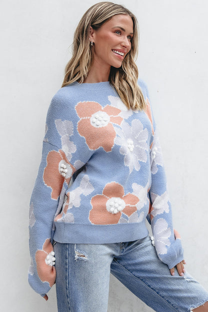 Jersey Florado Azul Con Cuello Redondo