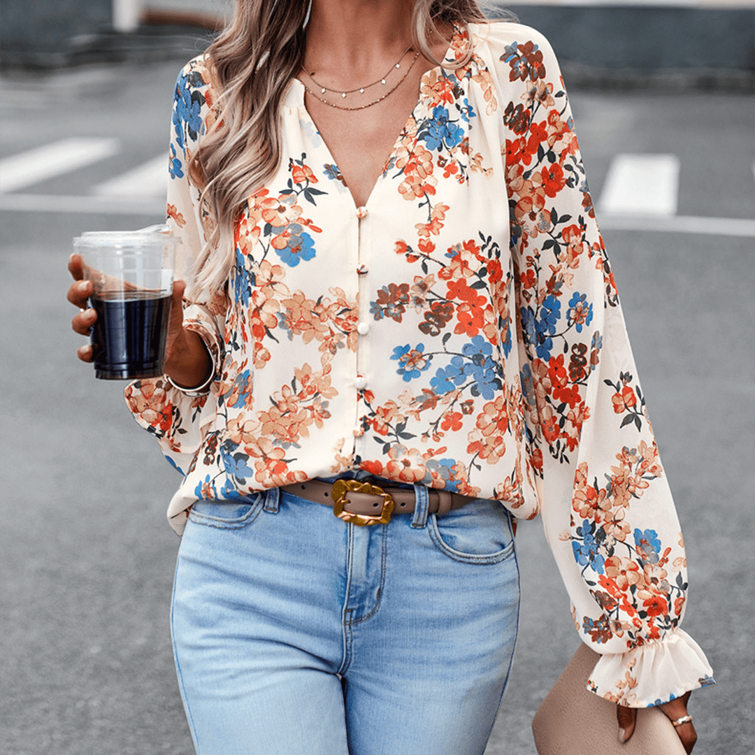 Blusa Florera Elegante Manga Larga Cuello en V