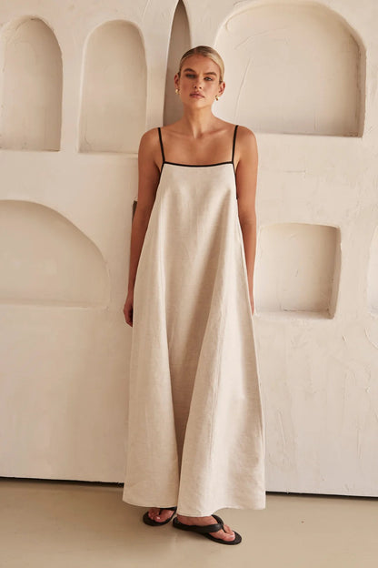 Vestido Lino Elegante Contraste