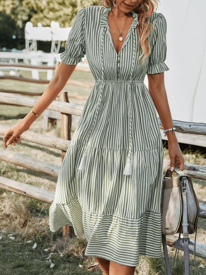 Vestido Rayas Midi Casual Con Volantes