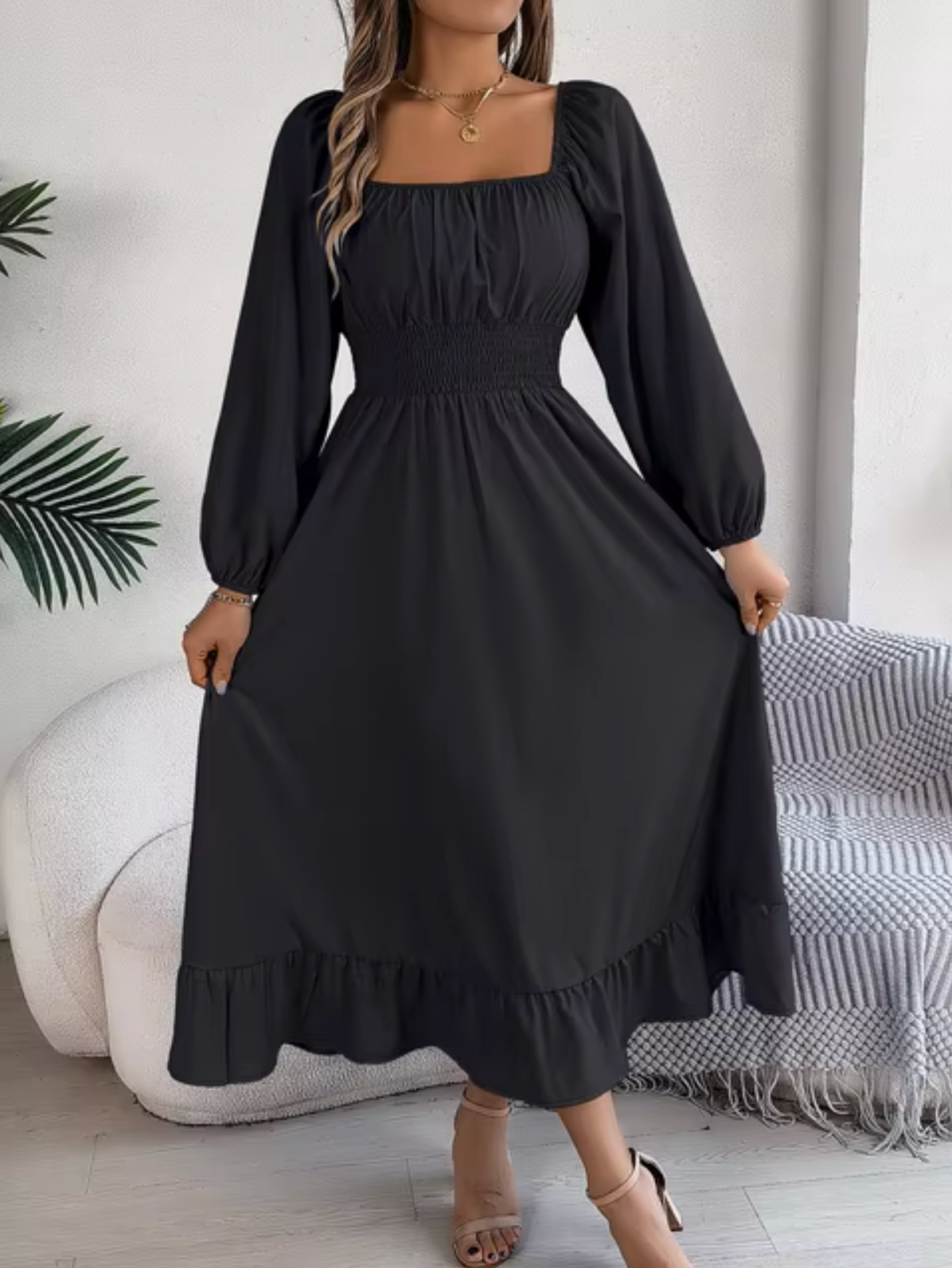 Vestido Mujer Cintura Alta con Mangas Voladas