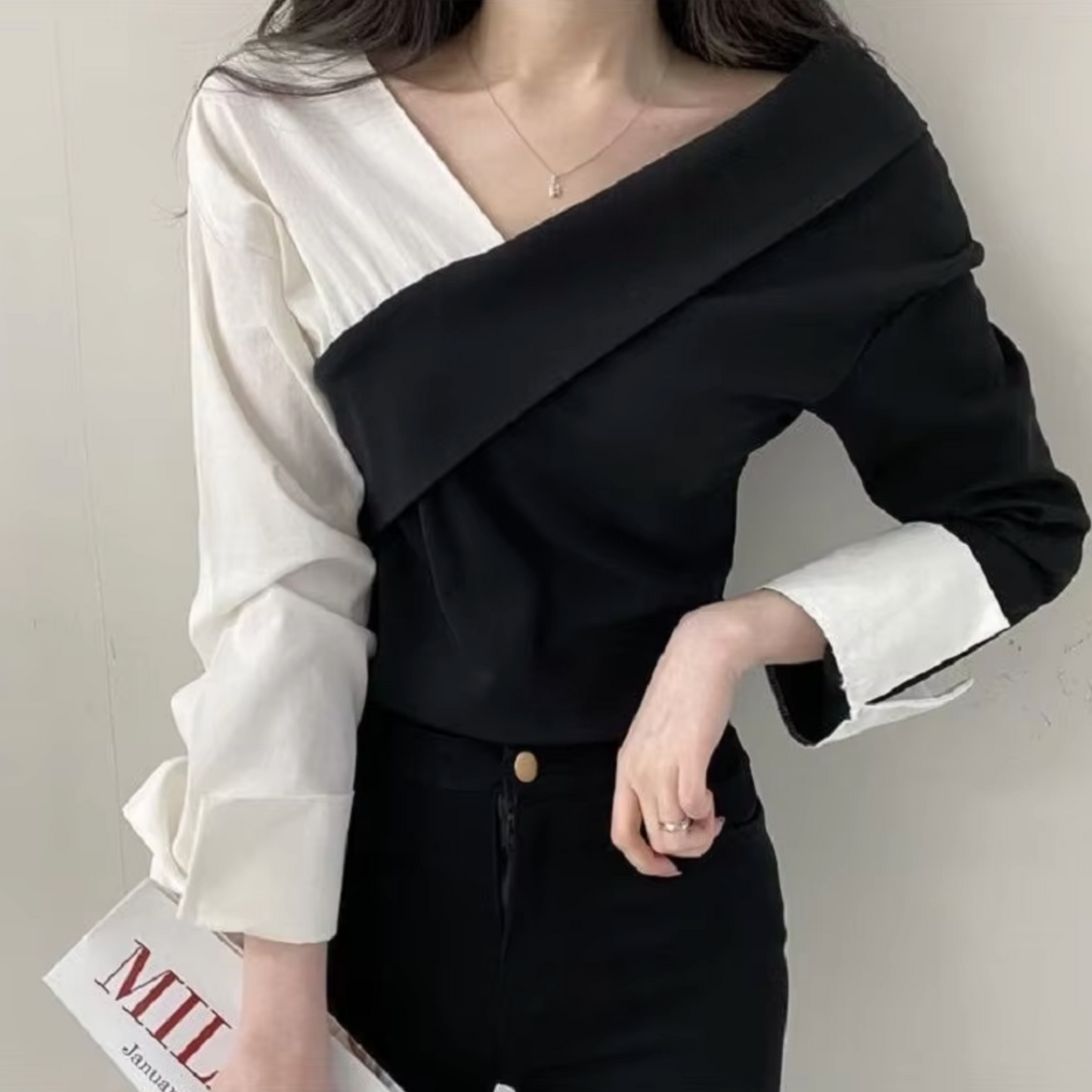 Blusa Mujer Manga Larga Escote Pico Elegante - Vestiria