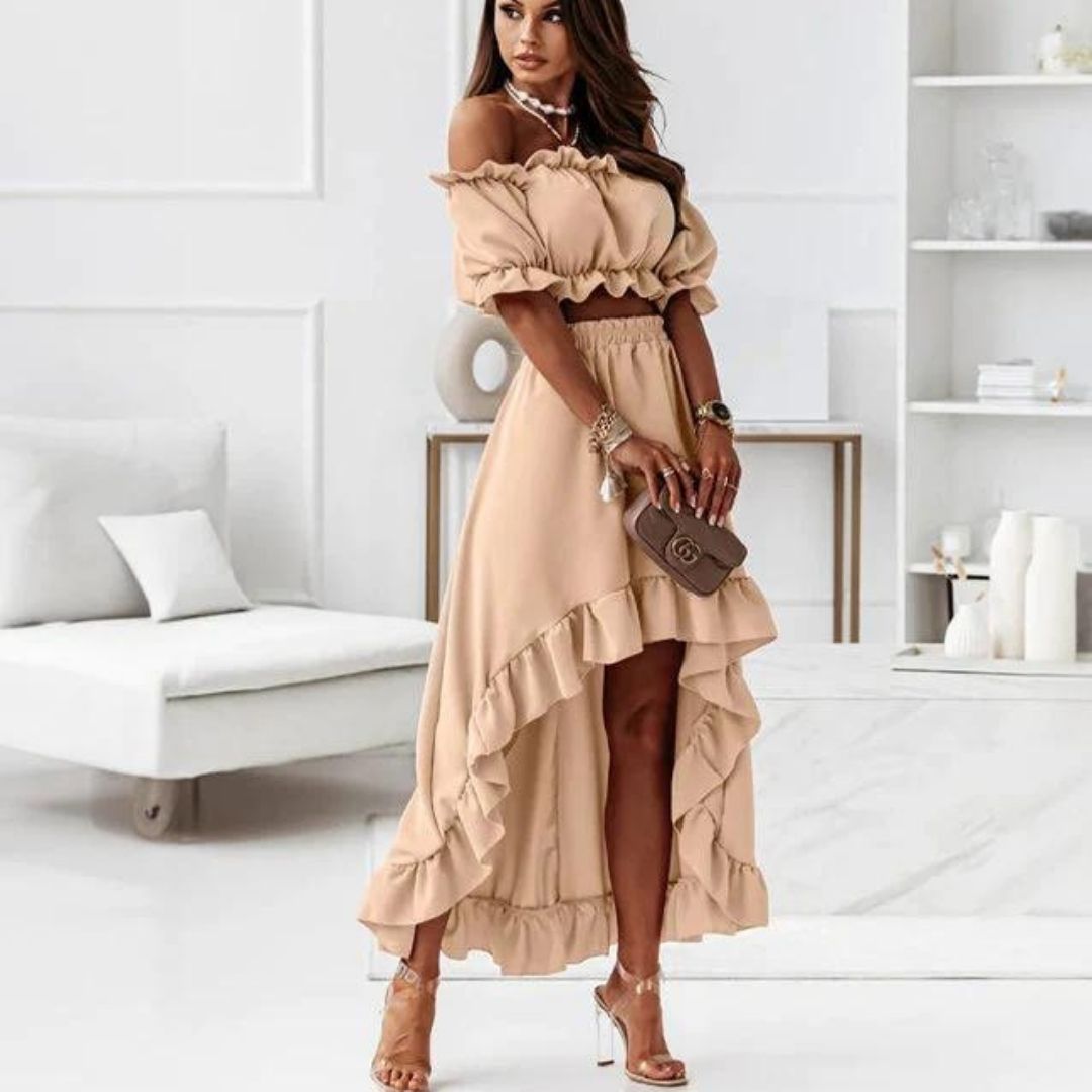 Vestido Volantes Escote Alto Elegante