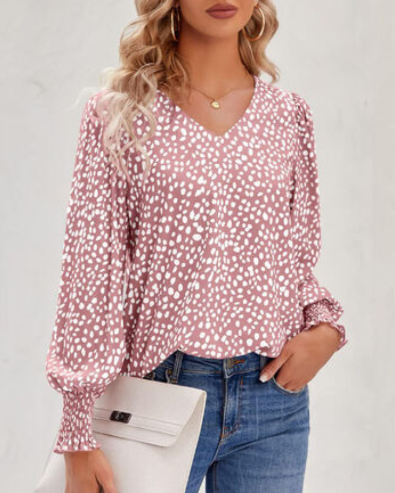 Blusa Estampada Mujer con Cuello Pico y Mangas Amplias