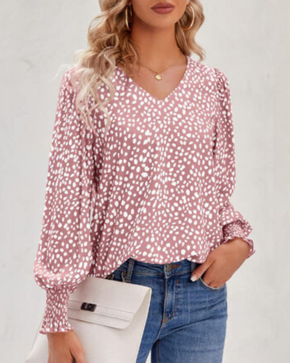 Blusa Estampada Mujer con Cuello Pico y Mangas Amplias