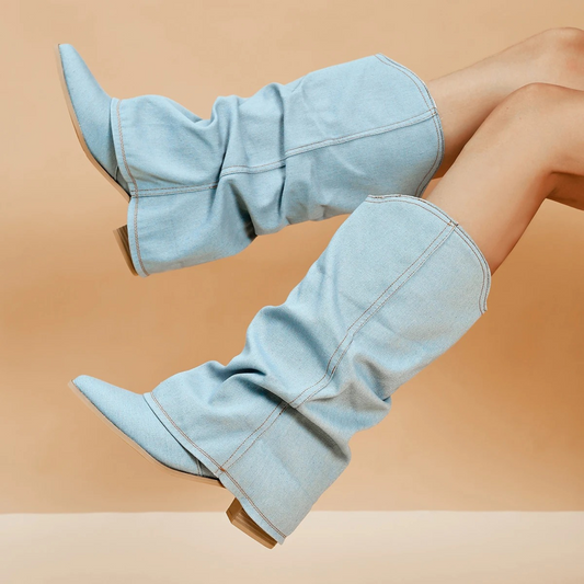 Botas Mujer Jeans Plisadas Tacón Alto - Vestiria