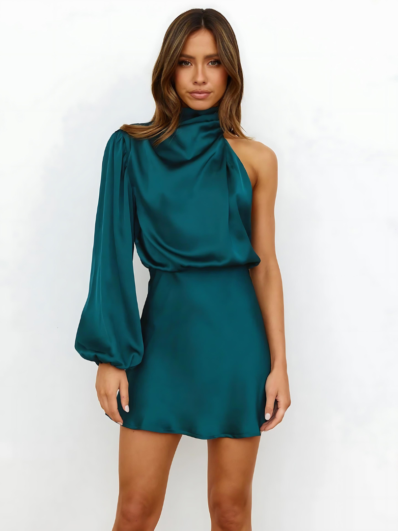 Vestido de Noche Satinado Asimétrico Mujer