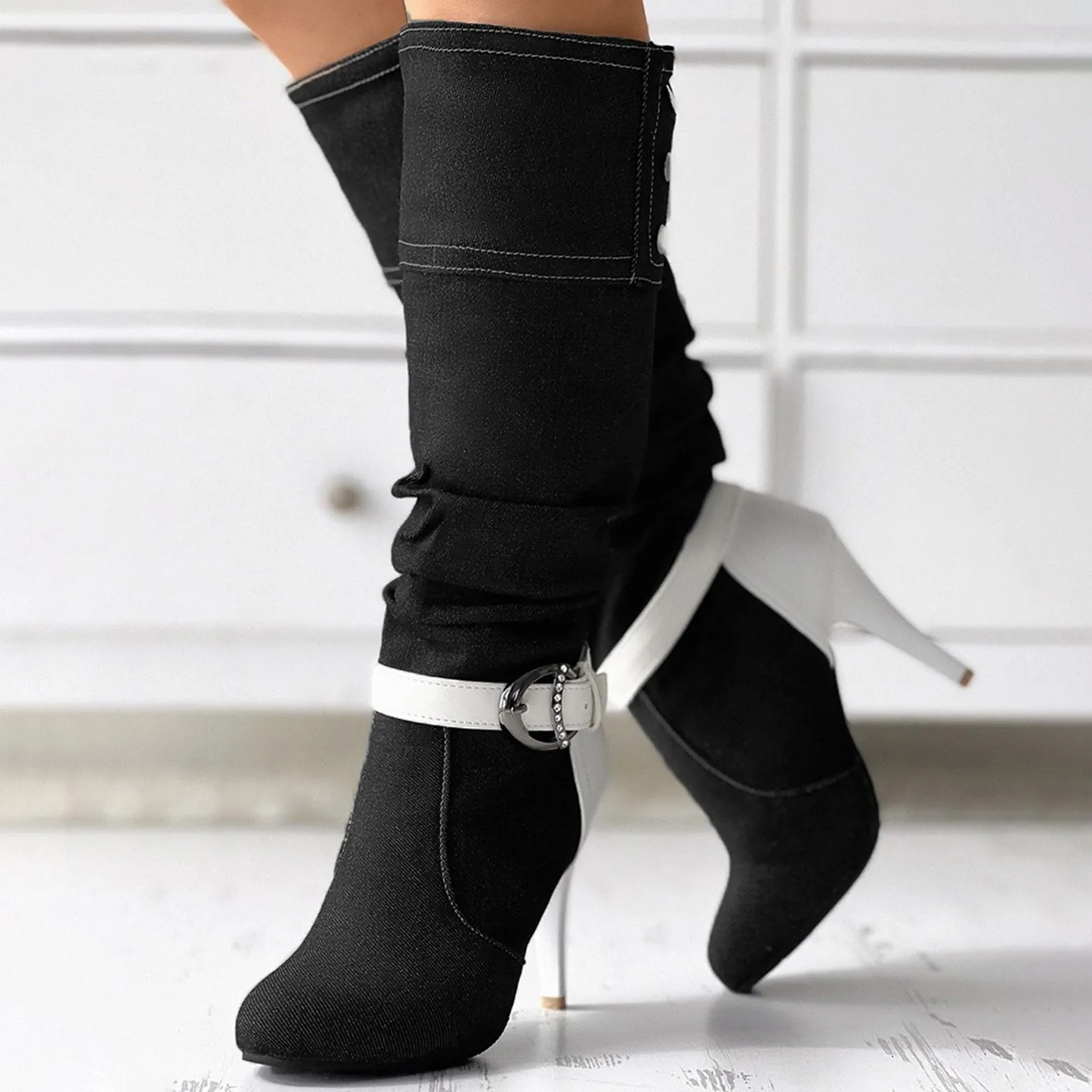 Botas Altas Patchwork Botones Decorativos Originales