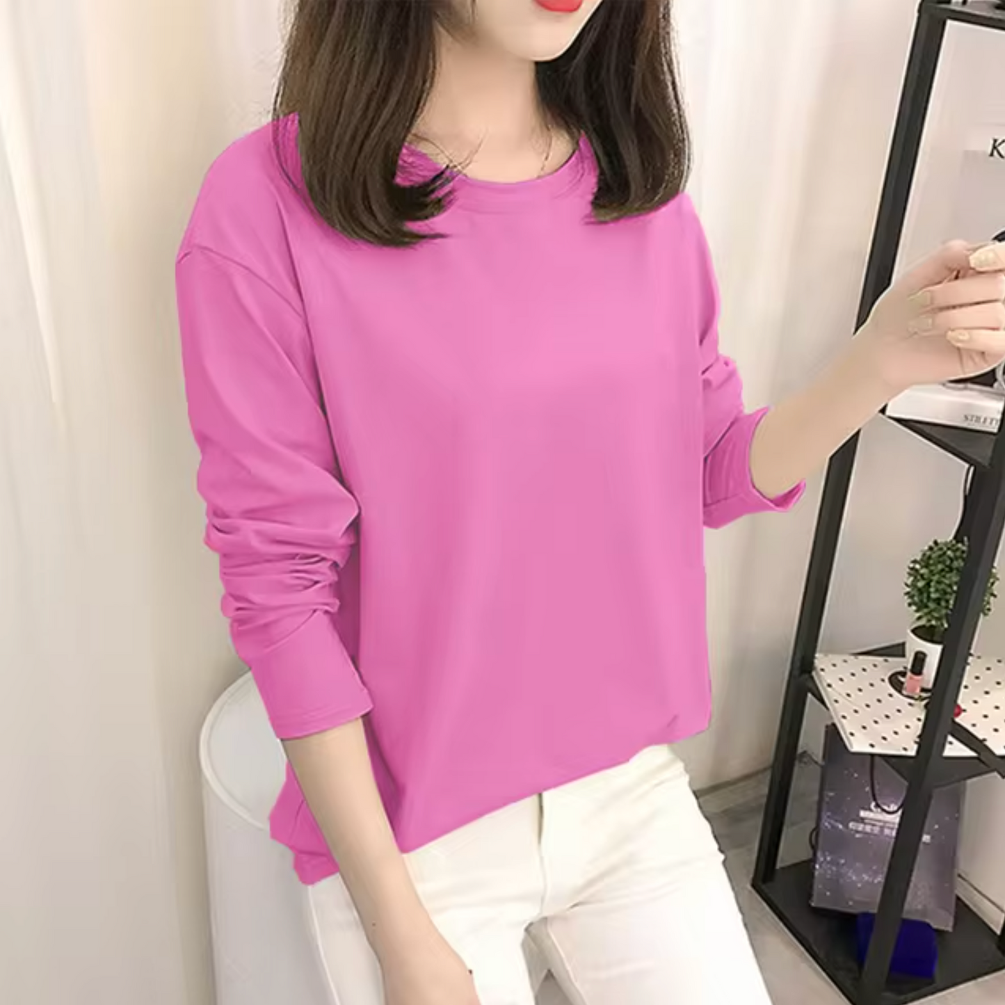 Camisa Algodón Manga Larga Cuello Redondo Clásica
