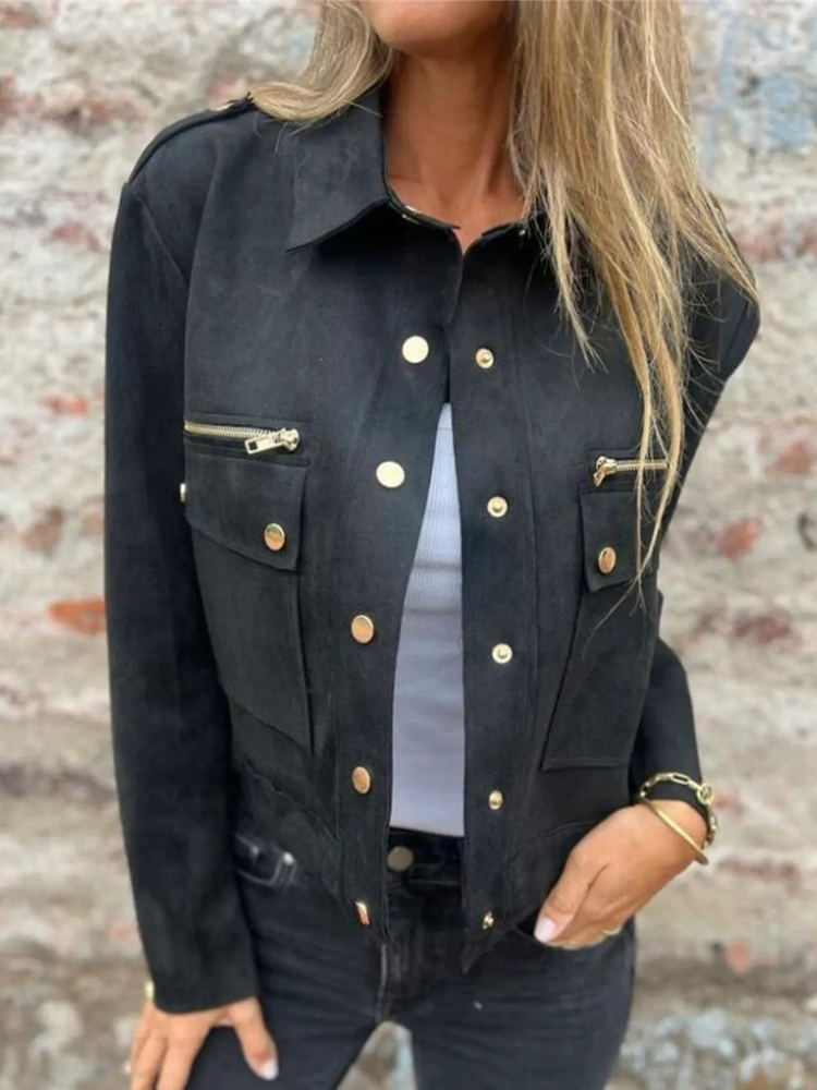 Chaqueta Cuero Clásica Cremallera Bolsillos - Vestiria