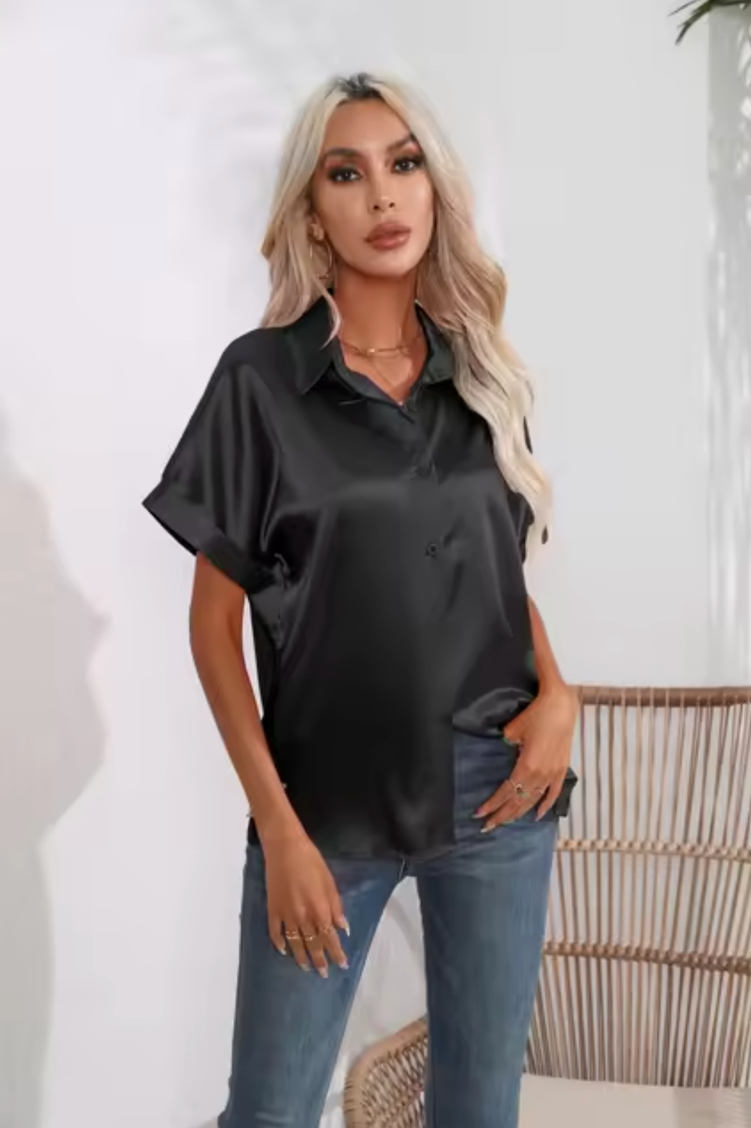 Blusa Raso Ligera con Mangas Cortas - Vestiria