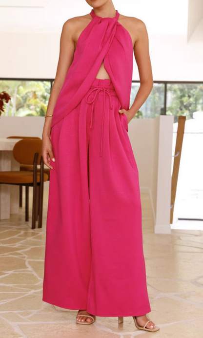 Conjunto de verano femenino sin mangas y pantalón ancho - Vestiria