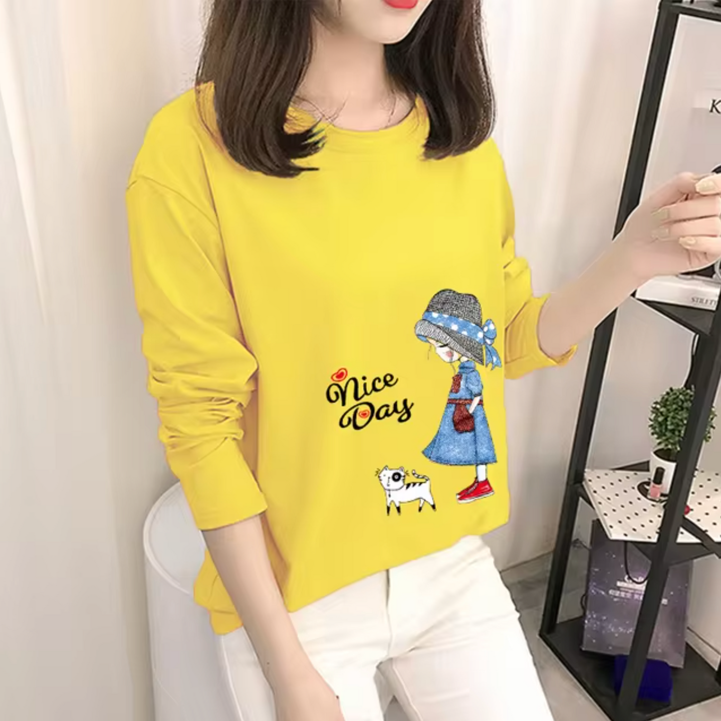 Camisa Amarilla Algodón Manga Larga Mujer