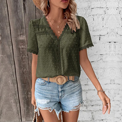Blusa de Encaje con Pico y Mangas Voladas