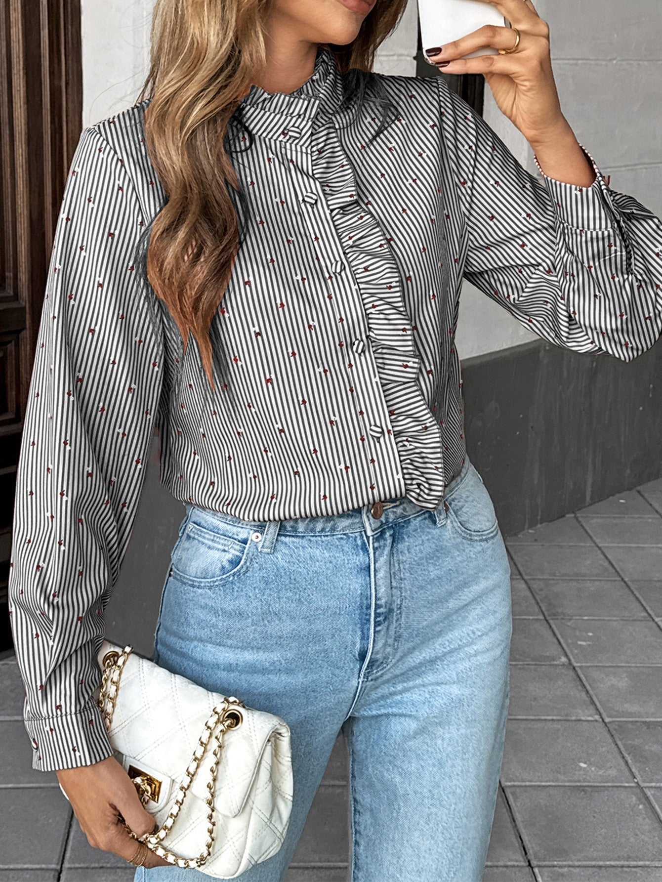 Blusa Mujer Elegante Manga Larga Cuello Alto Floral