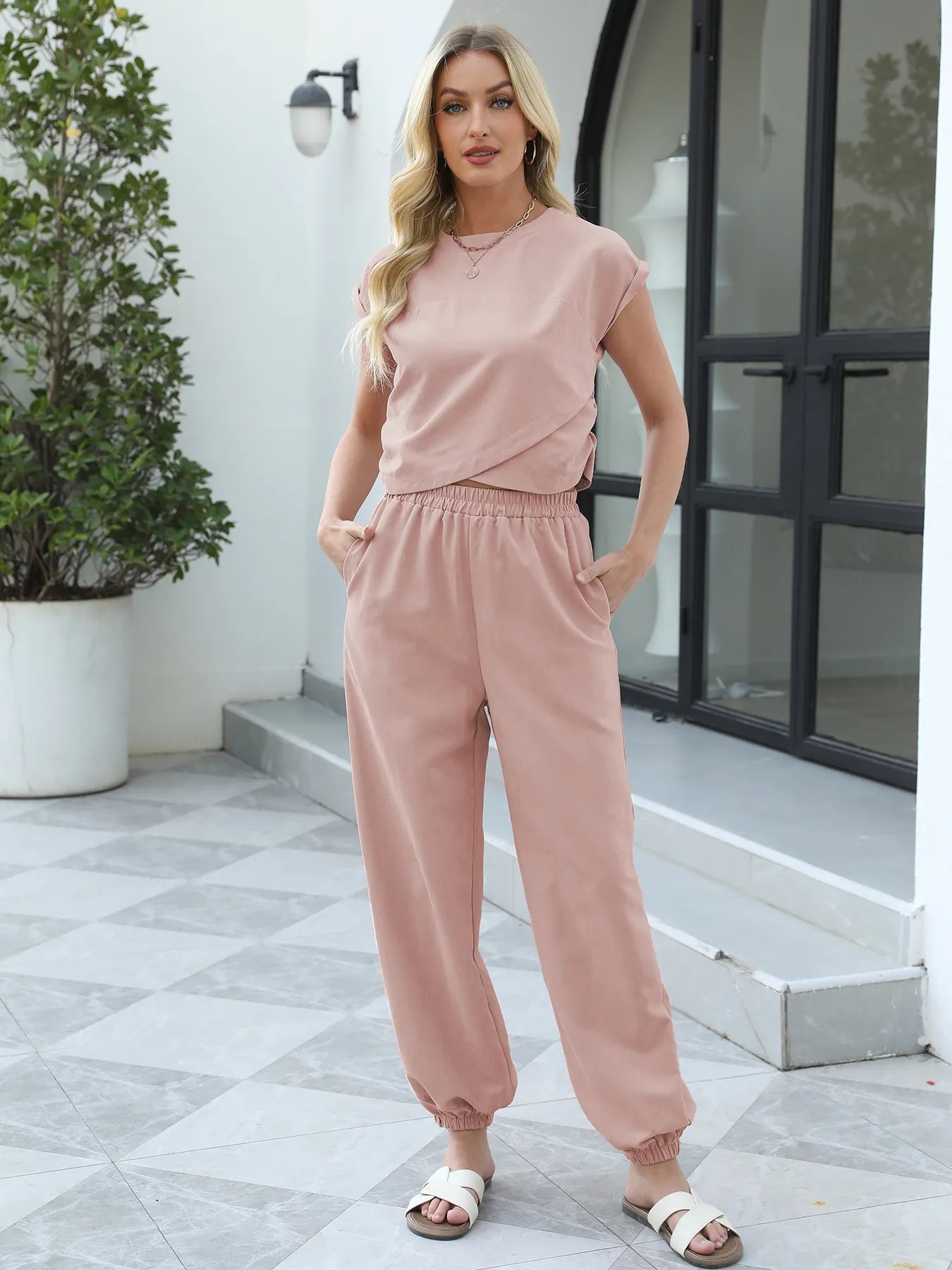 Conjunto Deportivo Mujer Top Manga Corta Pantalón Holgado