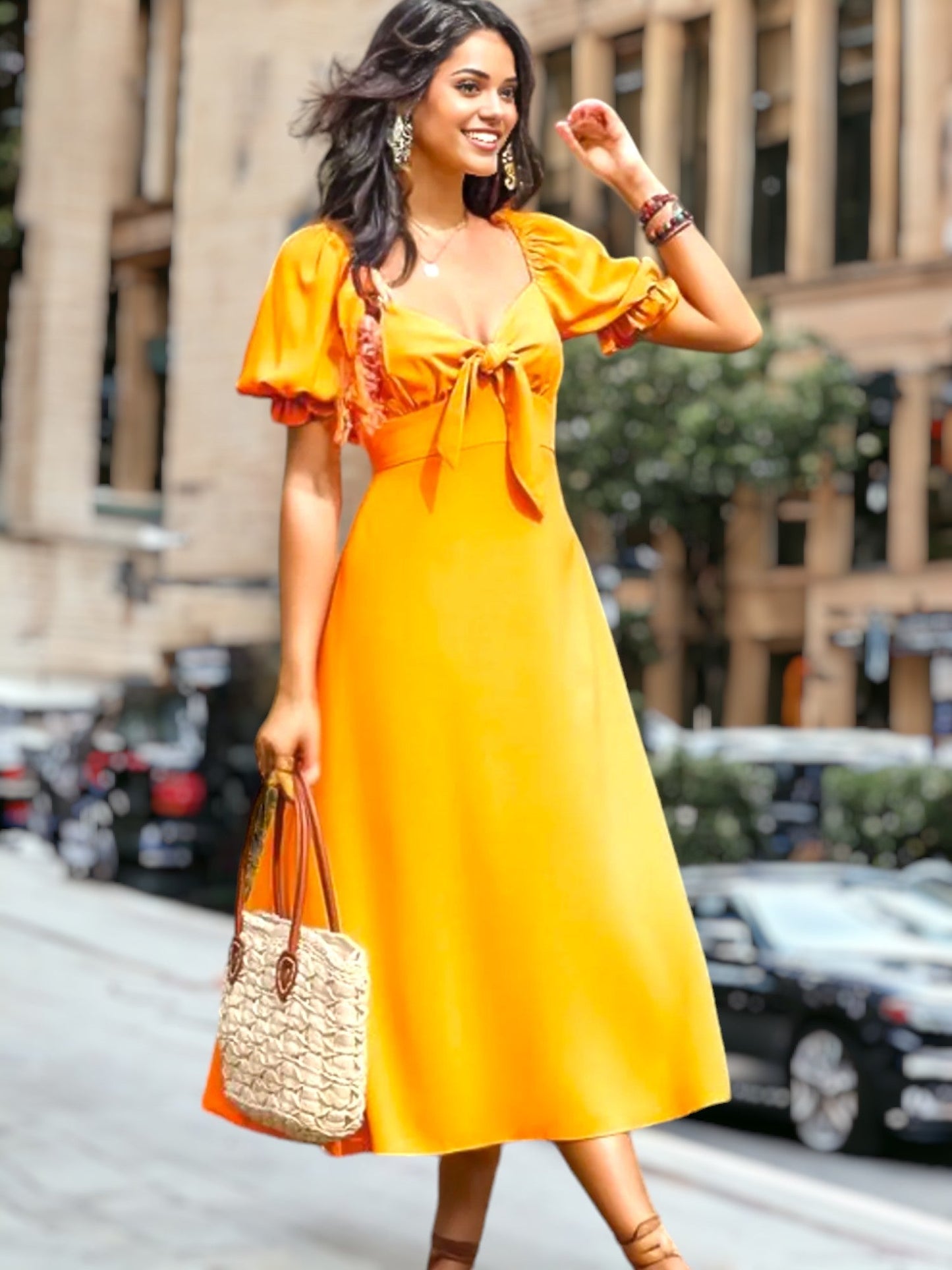 Vestido Midi Elegante Manga Rizada