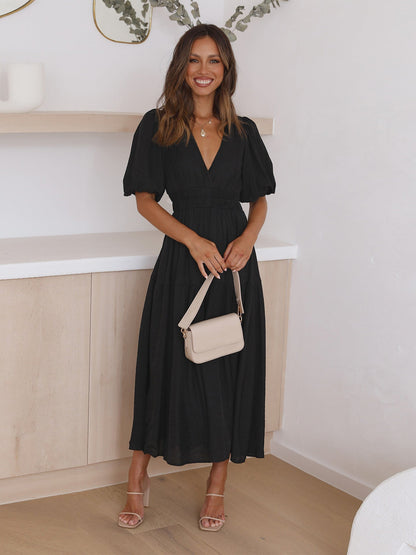 Vestido Mujer Cuello V y Mangas Rizadas
