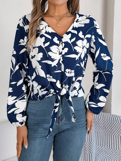 Blusa Floral Elegante Cuello Pico Manga Larga