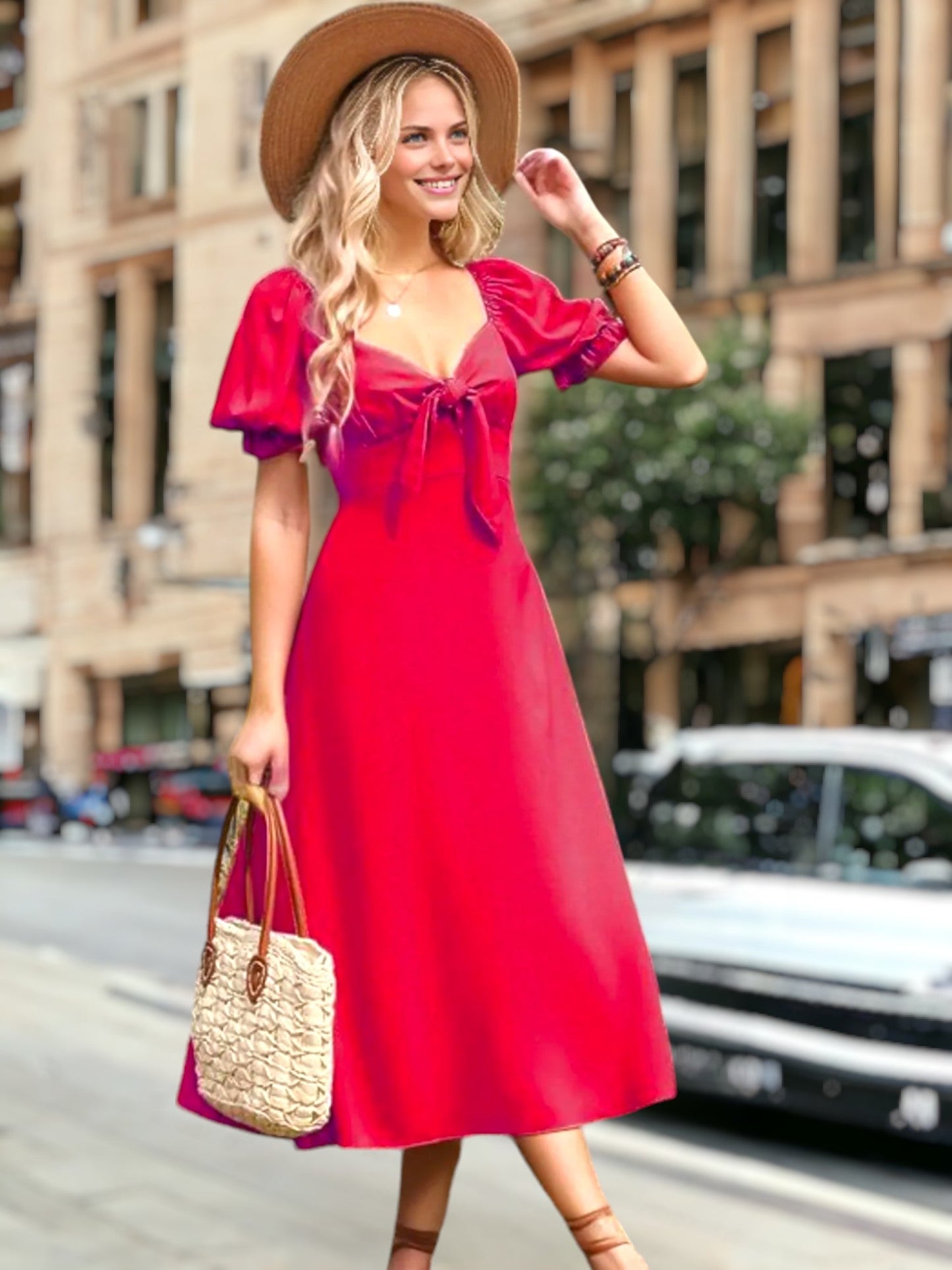 Vestido Midi Elegante Manga Rizada