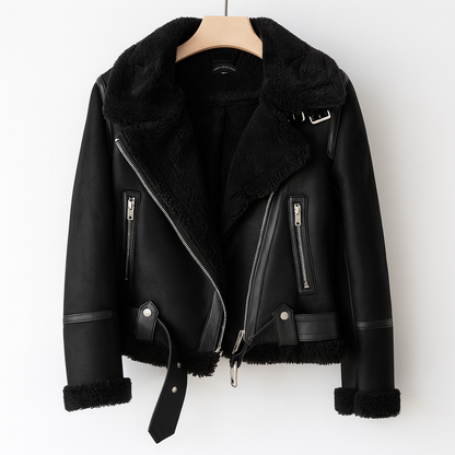 Chaqueta Cuero Mujer Cuello Forrado Elegante