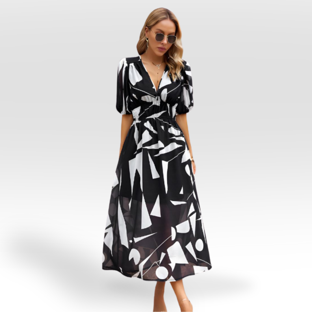 Vestido Midi Elegante con Escote en V y Falda Larga