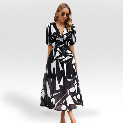 Vestido Midi Elegante con Escote en V y Falda Larga