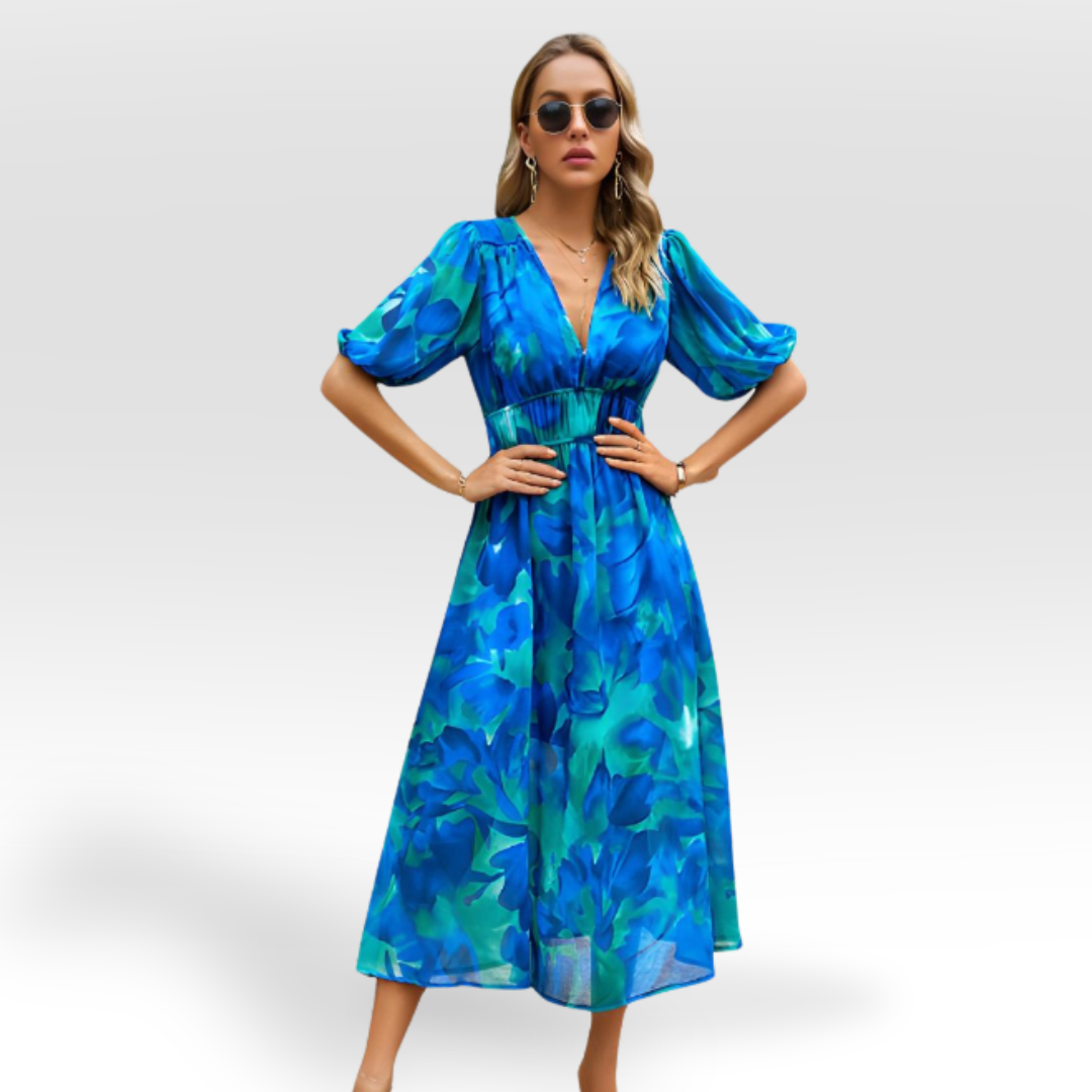Vestido Midi Elegante con Escote en V y Falda Larga