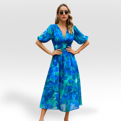 Vestido Midi Elegante con Escote en V y Falda Larga