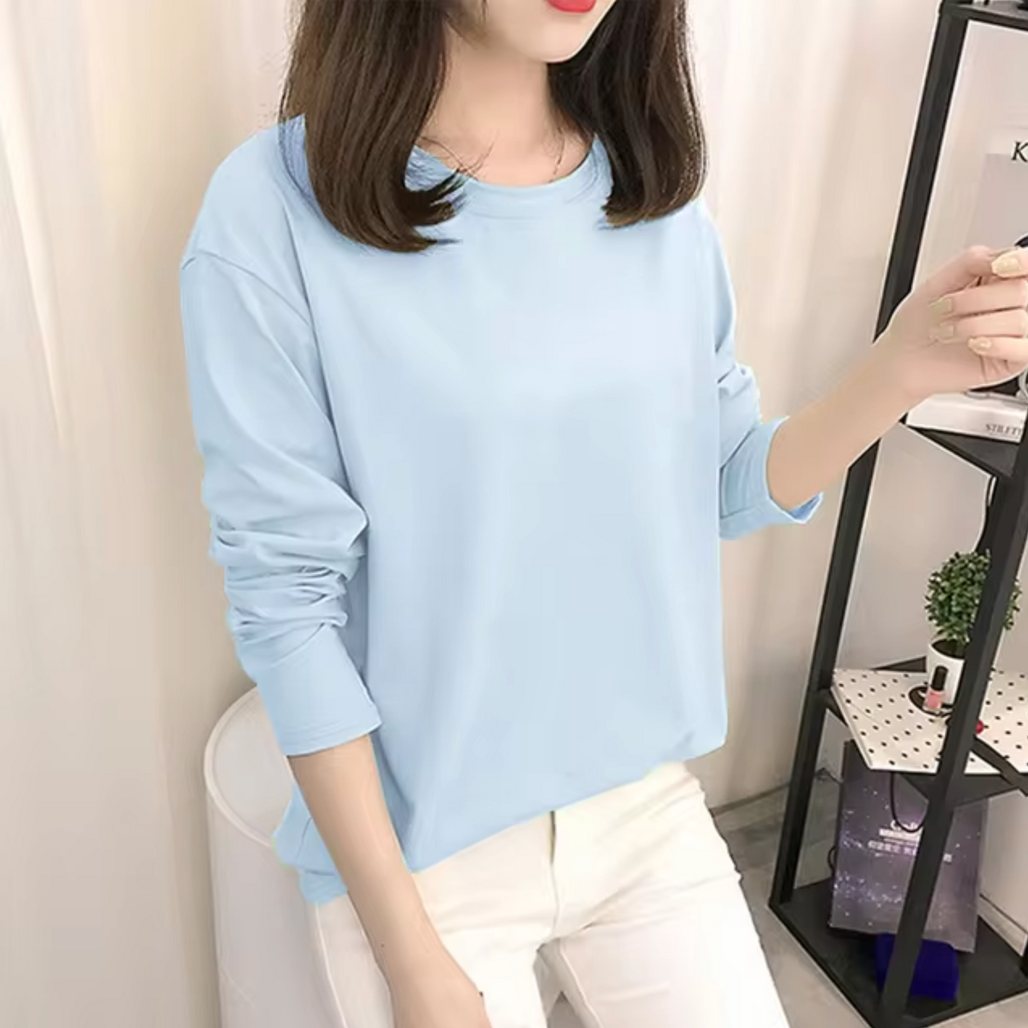 Camisa Algodón Manga Larga Cuello Redondo Clásica