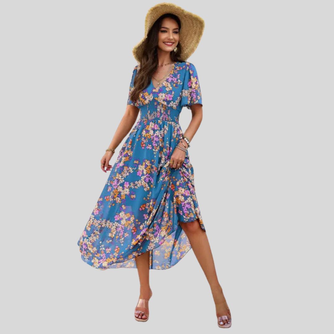 Vestido Floral Midi con Escote en V