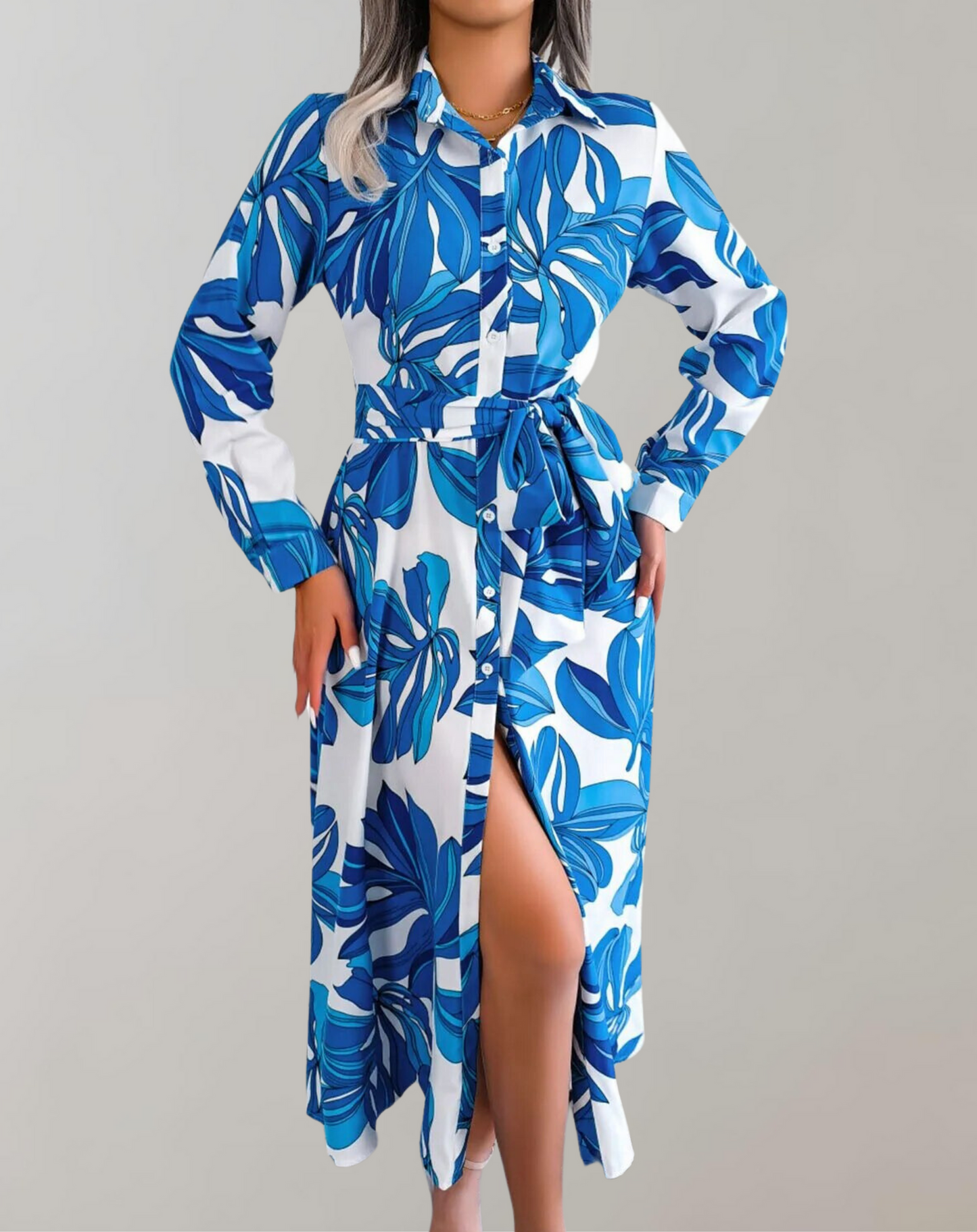 Vestido Mujer Elegante Cinturón Manga Larga