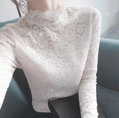 Top de encaje cuello alto manga larga elegante