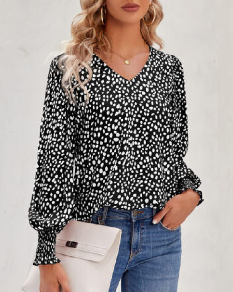 Blusa Estampada Mujer con Cuello Pico y Mangas Amplias - Vestiria