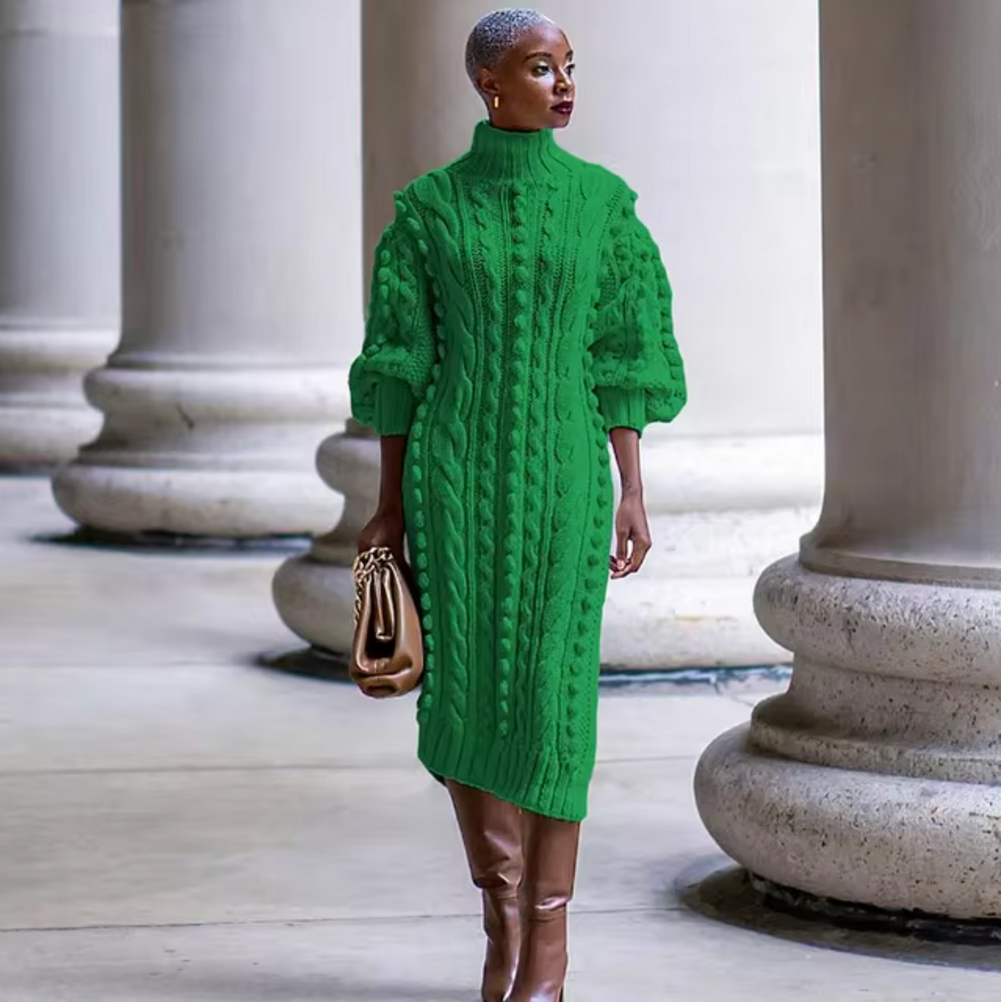 Vestido Mujer Canalé Elegante Cuello Alto
