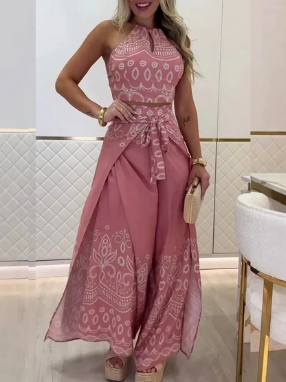 Conjunto de verano sin espalda con estampado floral y pantalones amplios