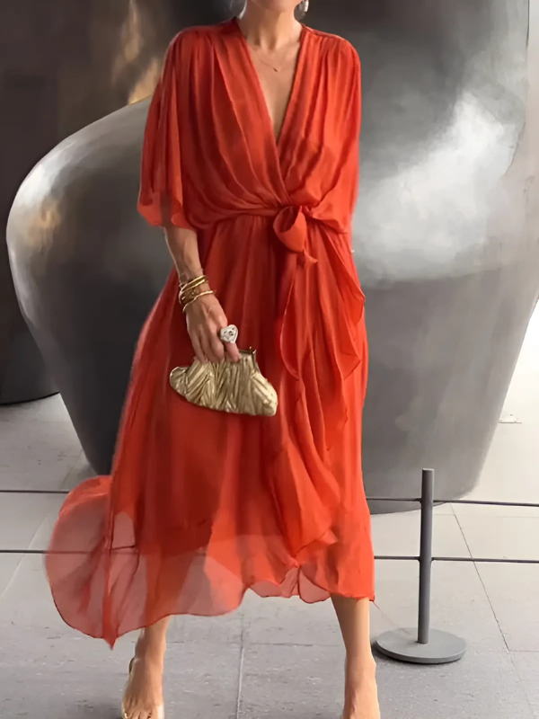 Vestido Midi Elegante con Cinturón Cadera Alta