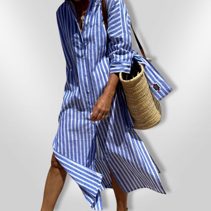 Vestido Rayas Midi con Bolsas Corte Ajustado