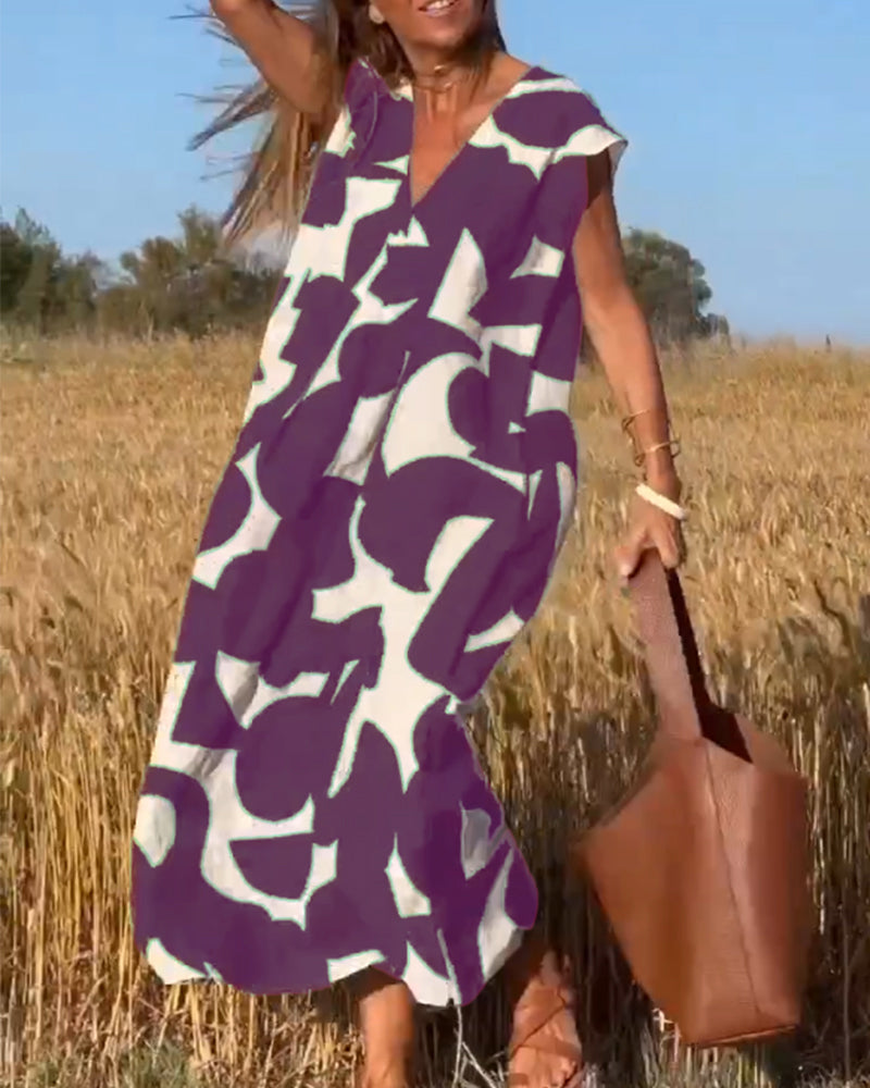 Vestido cómodo estampado con escote en V femenino