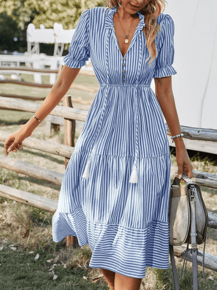 Vestido Rayas Midi Casual Con Volantes