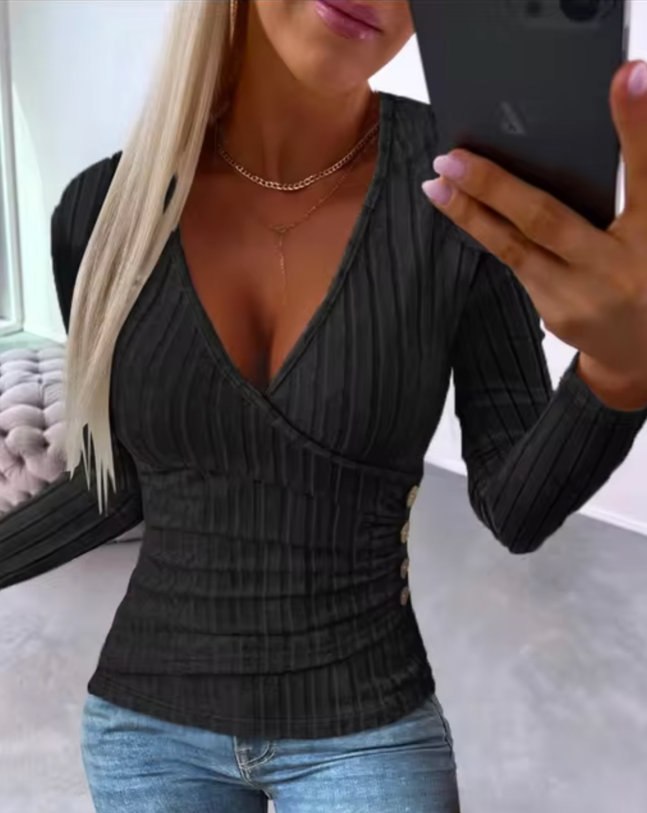 Jersey de Punto Fino Cuello Pico Ajustado