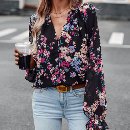 Blusa Florera Elegante Manga Larga Cuello en V