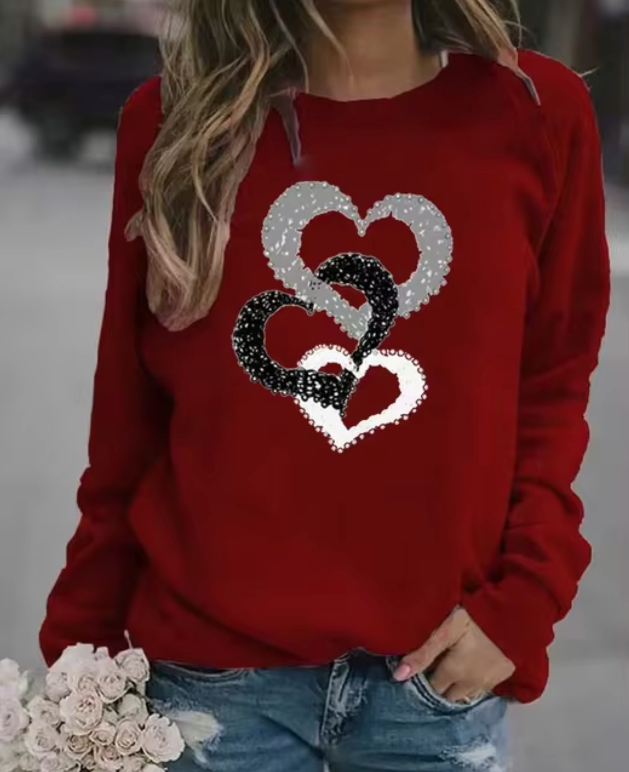 Sudadera cálida con estampado de corazones divertido