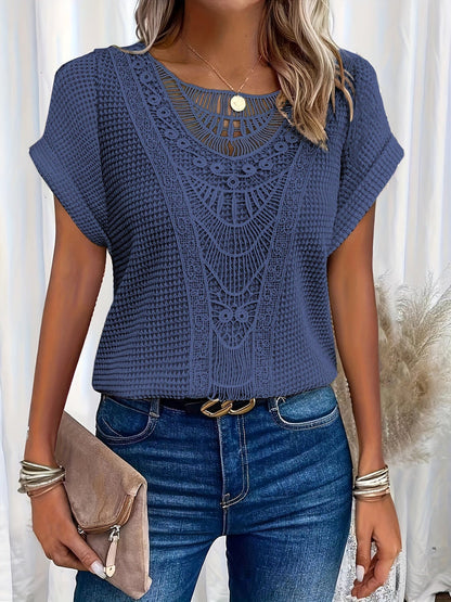 Blusa de punto con encaje femenina manga corta
