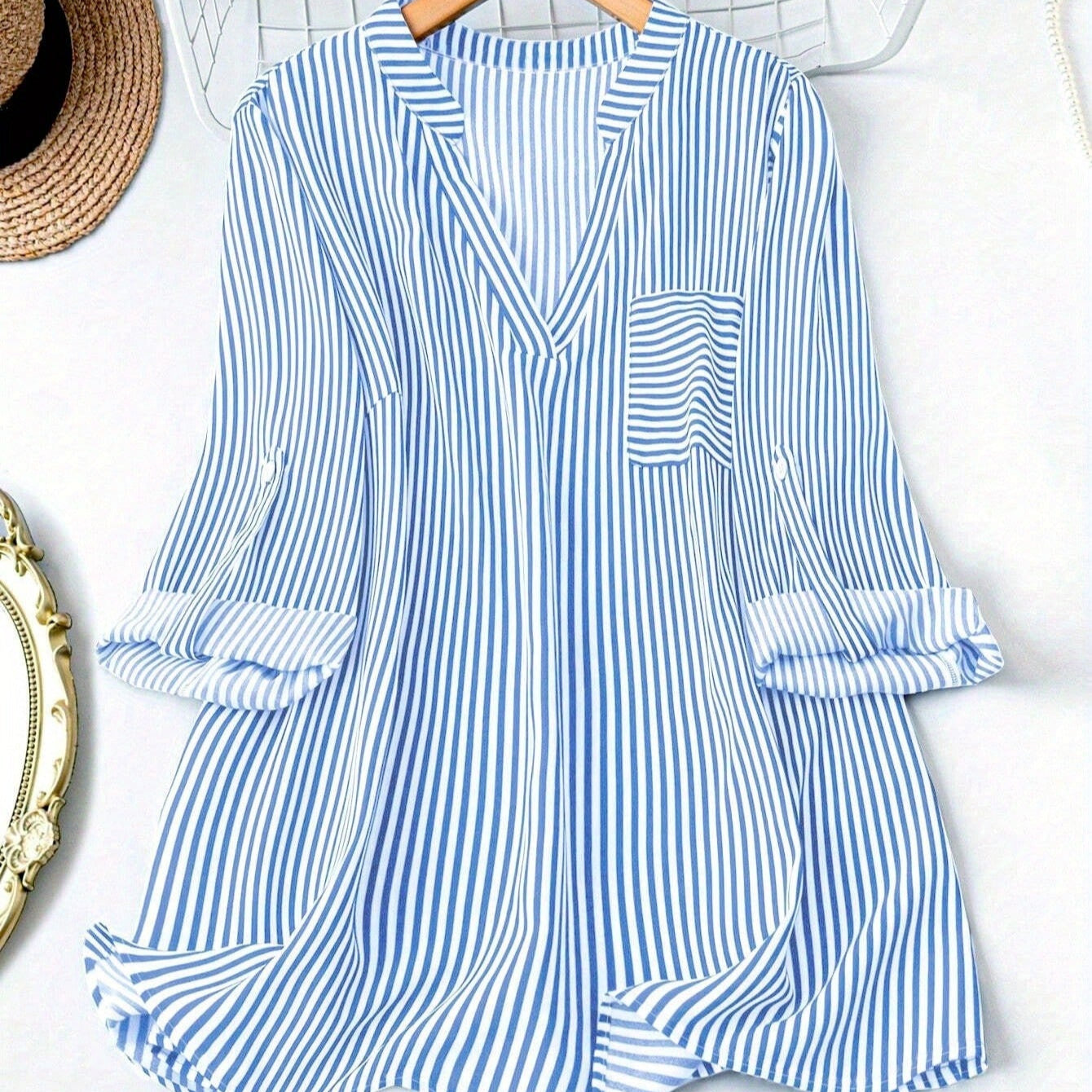 Blusa Mujer Rayas Elegante Manga Enrollada
