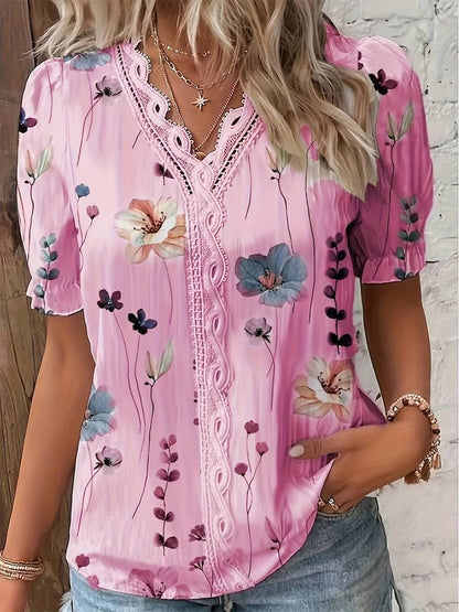 Blusa Floral Mujer Elegante Cuello Pico
